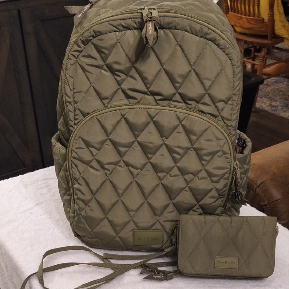 Vera Bradley Olive Quilted Backpack With Crossbody Wallet